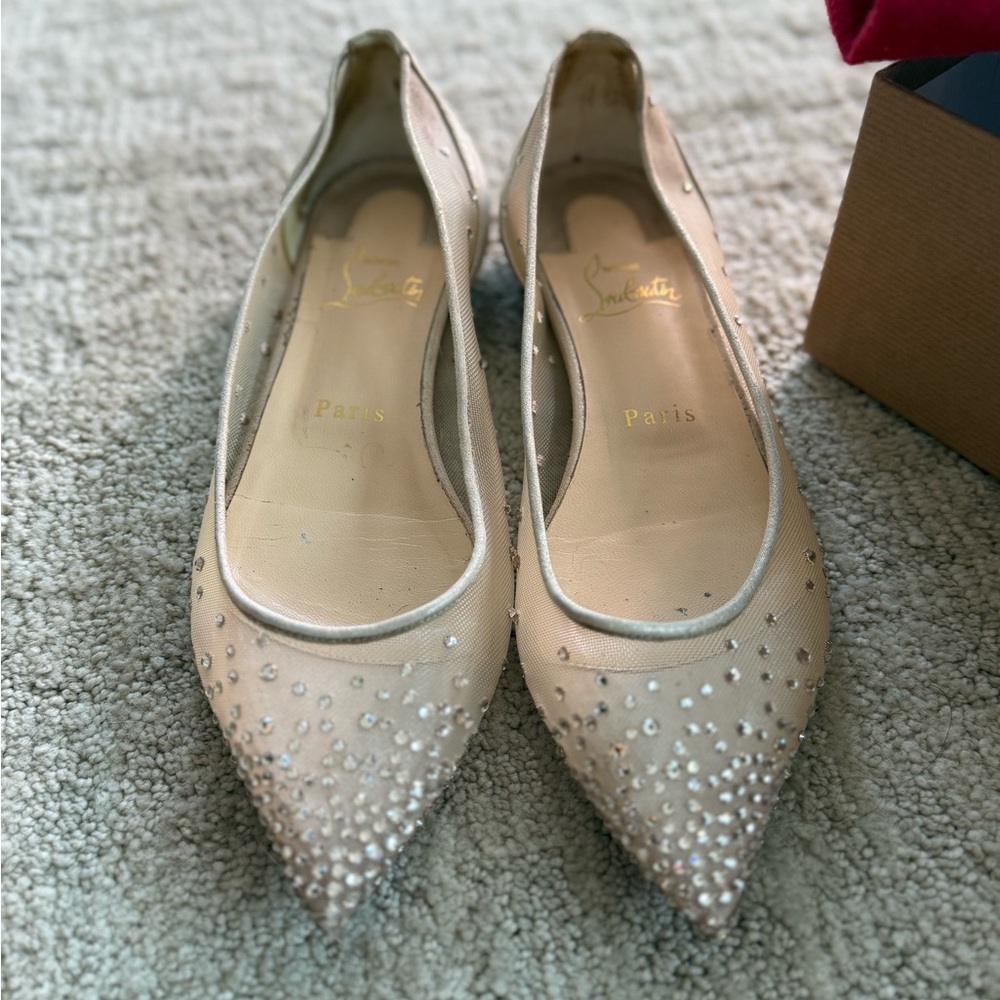 Christian Louboutin Nude/Beige Crystal-Embellished Pointed Flats